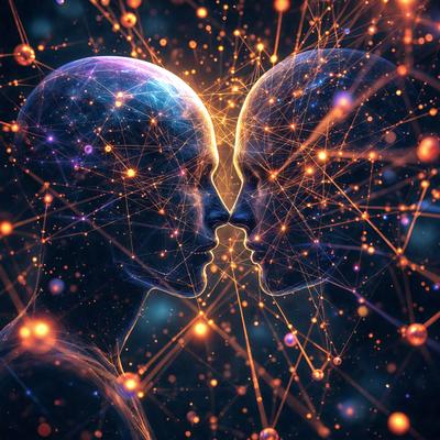The primary subject of the image is a close-up of two human heads, with one head positioned above the other. The setting is a brightly lit environment, possibly a futuristic or psychedelic space. The visual style appears to be a combination of digital art and illustration, creating a unique and captivating scene. The colors and mood of the image are vibrant and energetic, with a strong focus on the two heads and their connection.